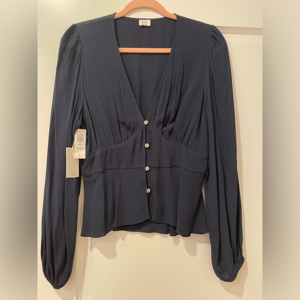 Aritzia Navy Long-Sleeve Button Front Blouse